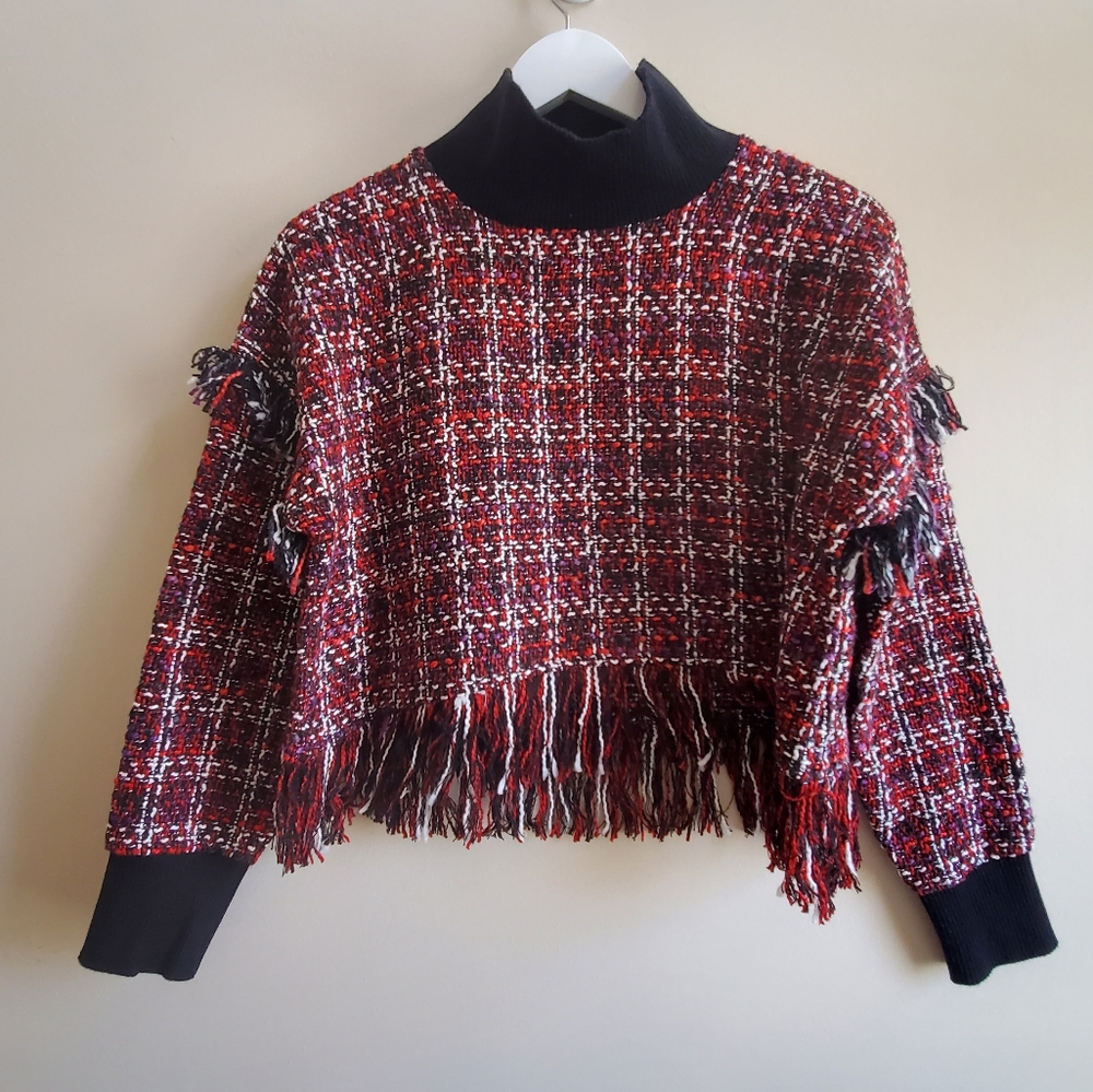Tweed crop Top With fringe with turtle neck, low sleeve seams